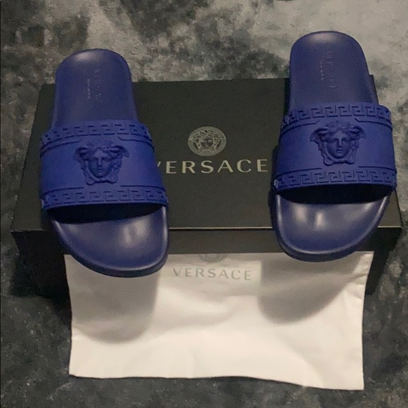 blue versace slides